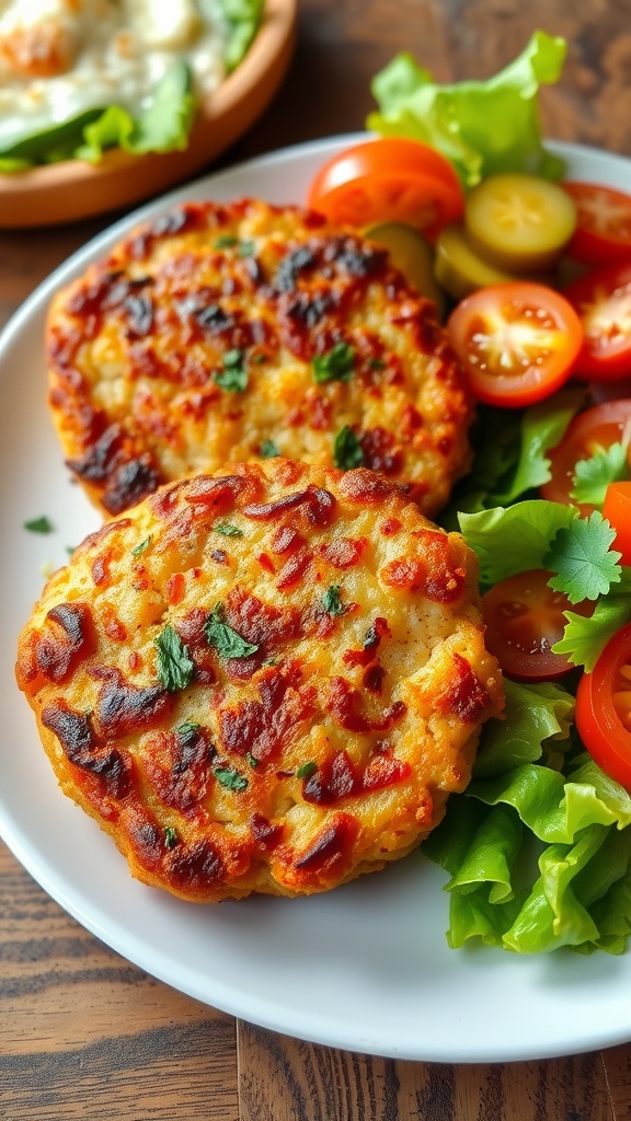 Juicy oven-baked hamburger patties on a plate with fresh toppings.
